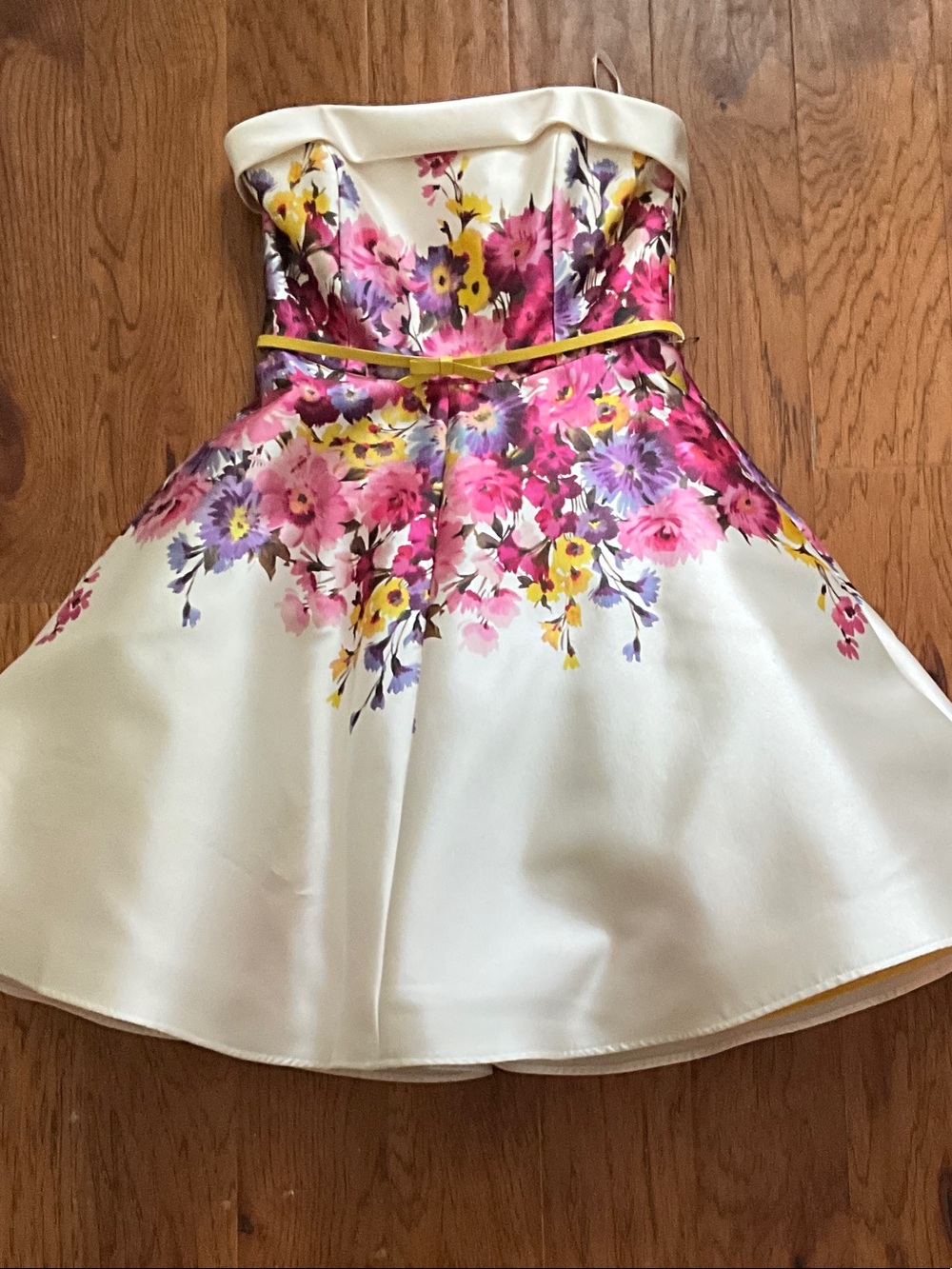 Ivory Strapless Floral Fit-and-Flare Dress with Yellow Belt